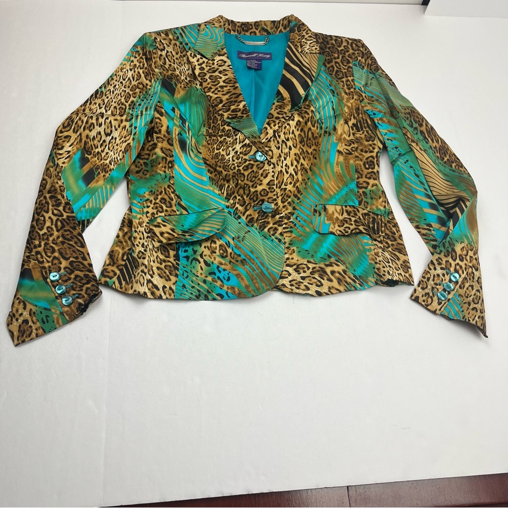 Russell Kemp‎ Jacket Blazer Animal Leopard Print 100% Silk Vintage Size 8 80s